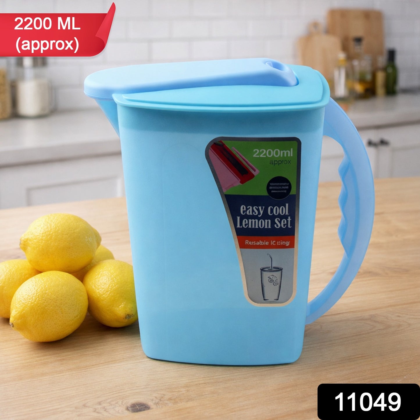 Wukusy Easy Cool Lemon Water Jug with lid and handle, 2200 ml capacity, transparent plastic design for fresh lemon-infused drinks