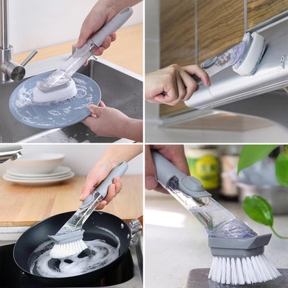 Wukusy 2-in-1 soap-dispensing dish brush set with ergonomic handle and cleaning sponge for kitchen dishwashing.