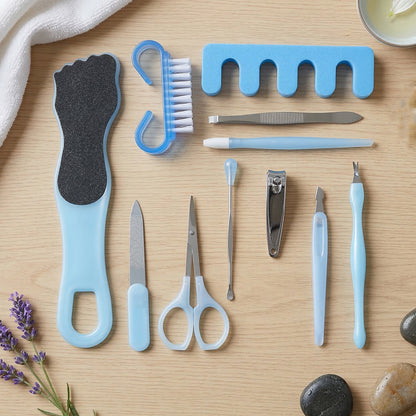 Wukusy 11-in-1 manicure and pedicure grooming kit with nail clippers, files, and tools for comprehensive nail care.