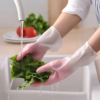 Pair of Wukusy medium reusable long-cuff household cleaning gloves, durable rubber gloves for home cleaning tasks.
