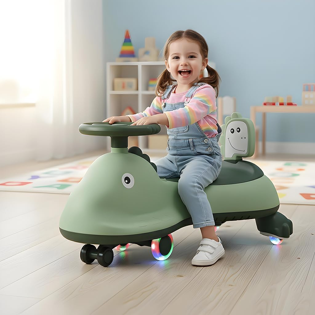 Kids dinosaur swing car ride-on toy with music and steering wheel, colorful plastic design, Wukusy brand for active play.