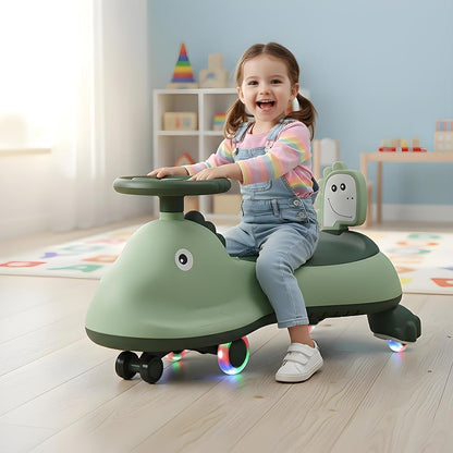Kids dinosaur swing car ride-on toy with music and steering wheel, colorful plastic design, Wukusy brand for active play.