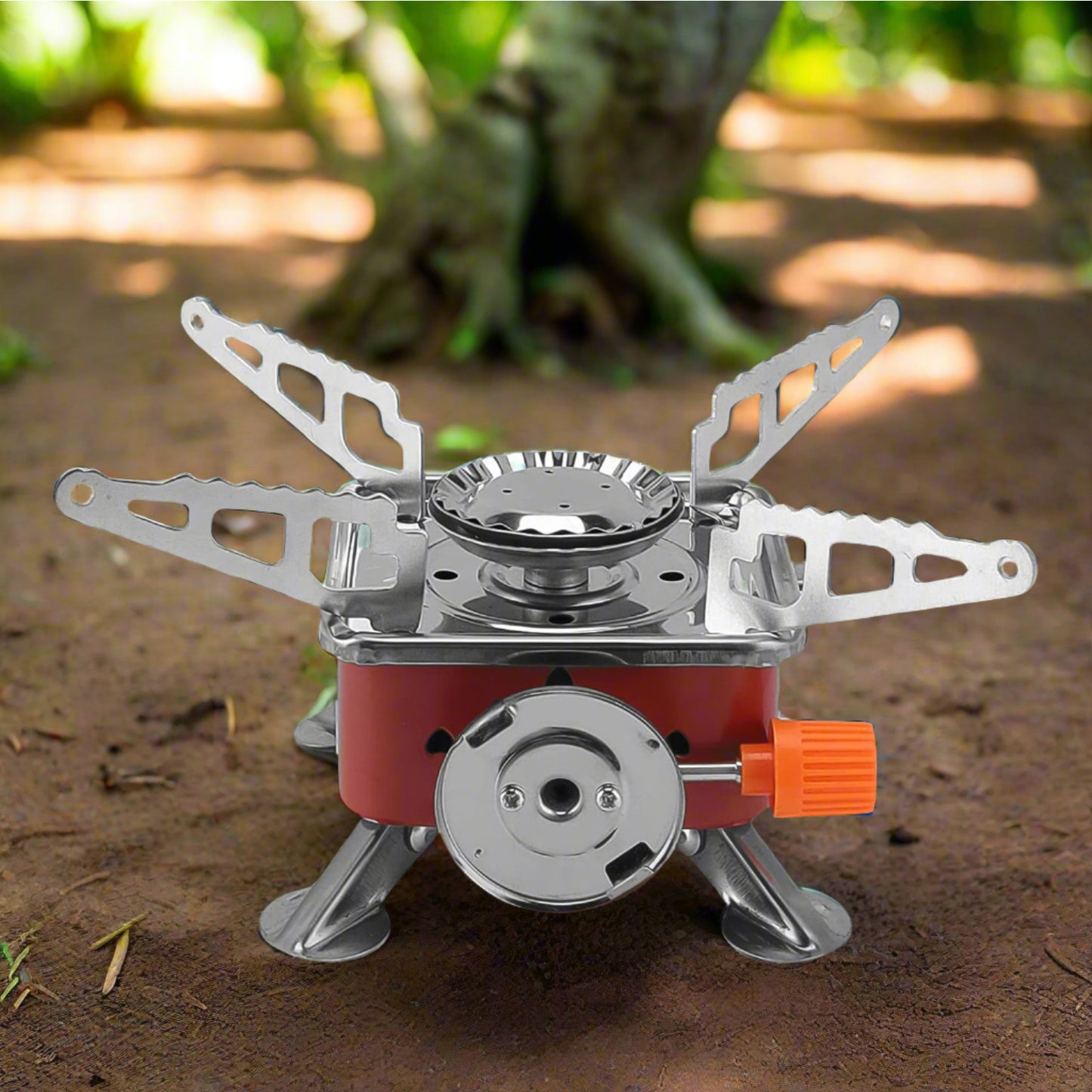Wukusy Mini Square Camping Stove 2800W for travel, compact portable stove with control knob and sturdy metal construction.