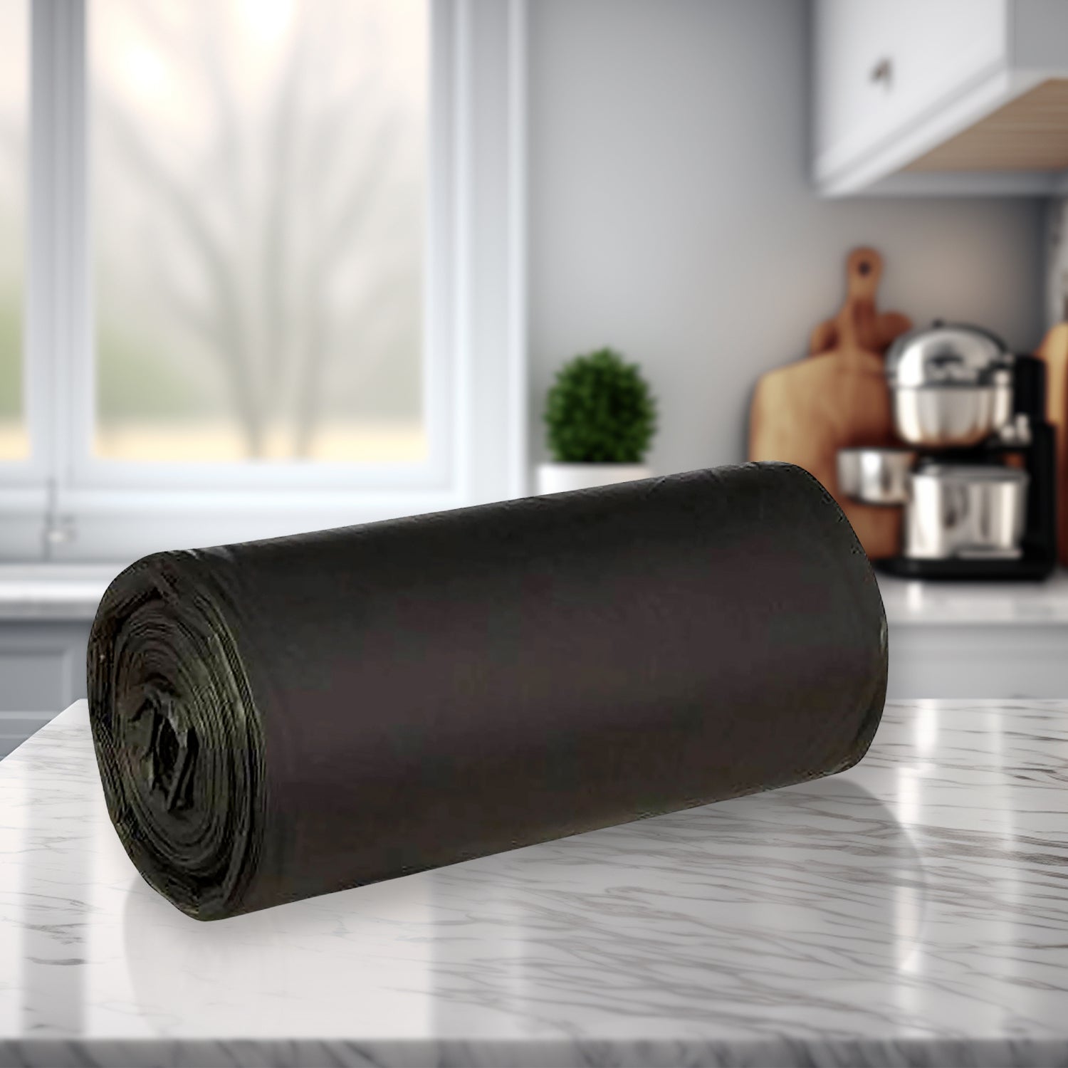 Black Wukusy trash bags, 45x50cm dustbin bags, suitable for waste disposal, shown in the image.