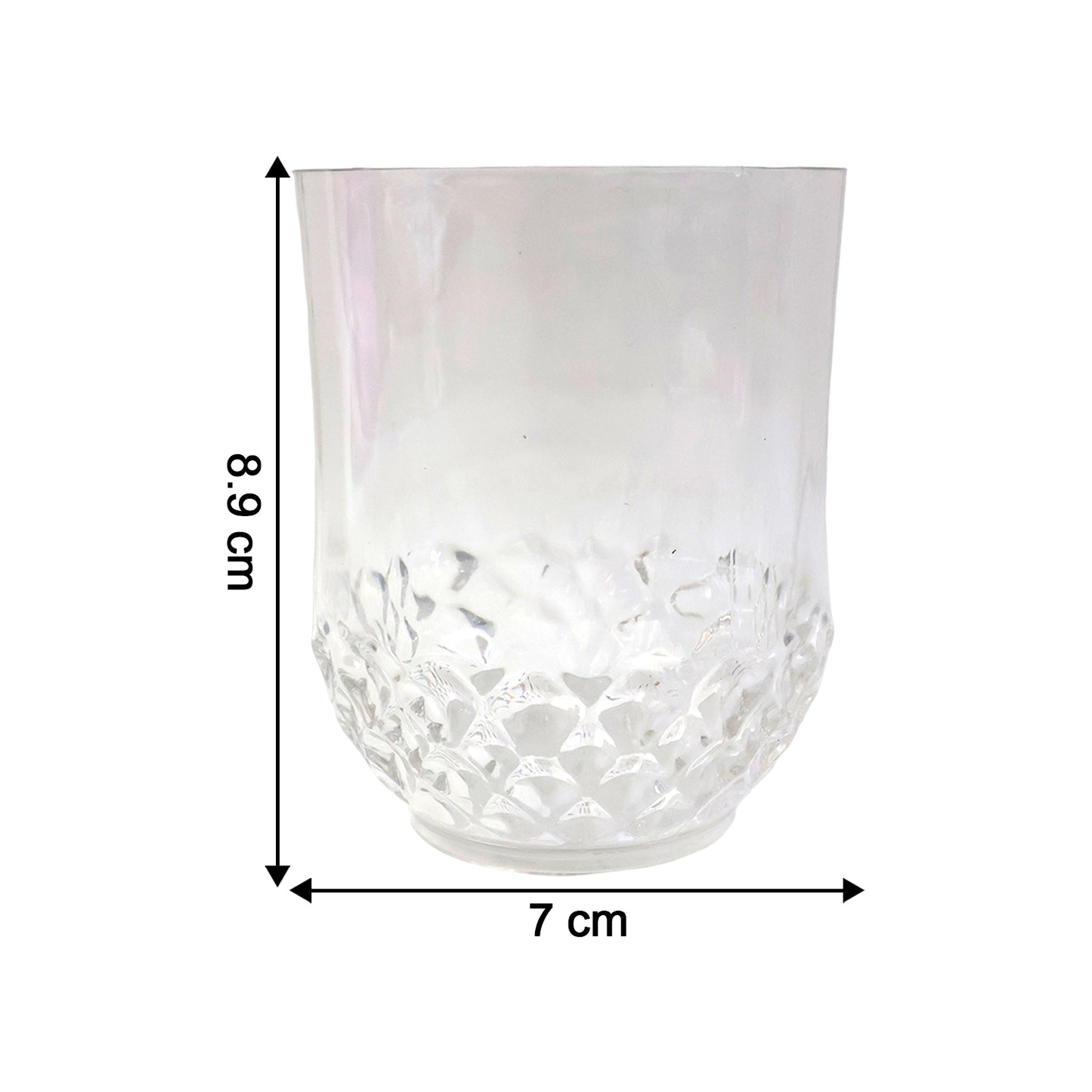 Six transparent drinking glasses with diamond pattern design from Wukusy, showcasing clear glassware for elegant beverage serving.