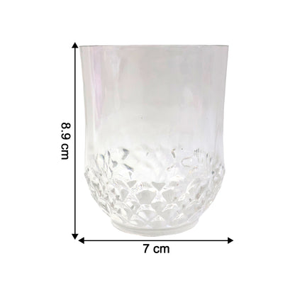 Six transparent drinking glasses with diamond pattern design from Wukusy, showcasing clear glassware for elegant beverage serving.