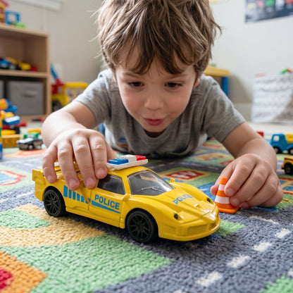 Wukusy police design mini toy car with pull-back friction mechanism for kids, featuring a detailed police car model.