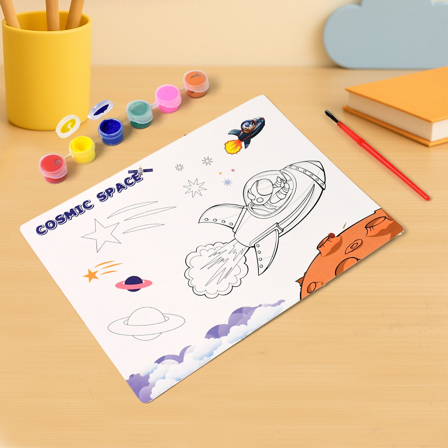 Wukusy Cosmic Space Theme Kids Painting and Coloring Kit with space-themed art supplies and illustrations for children.