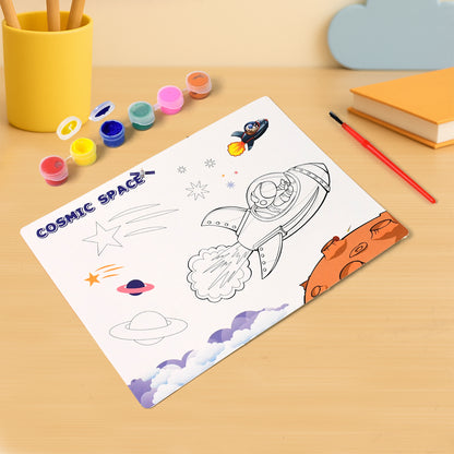Wukusy Cosmic Space Theme Kids Painting and Coloring Kit with space-themed art supplies and illustrations for children.
