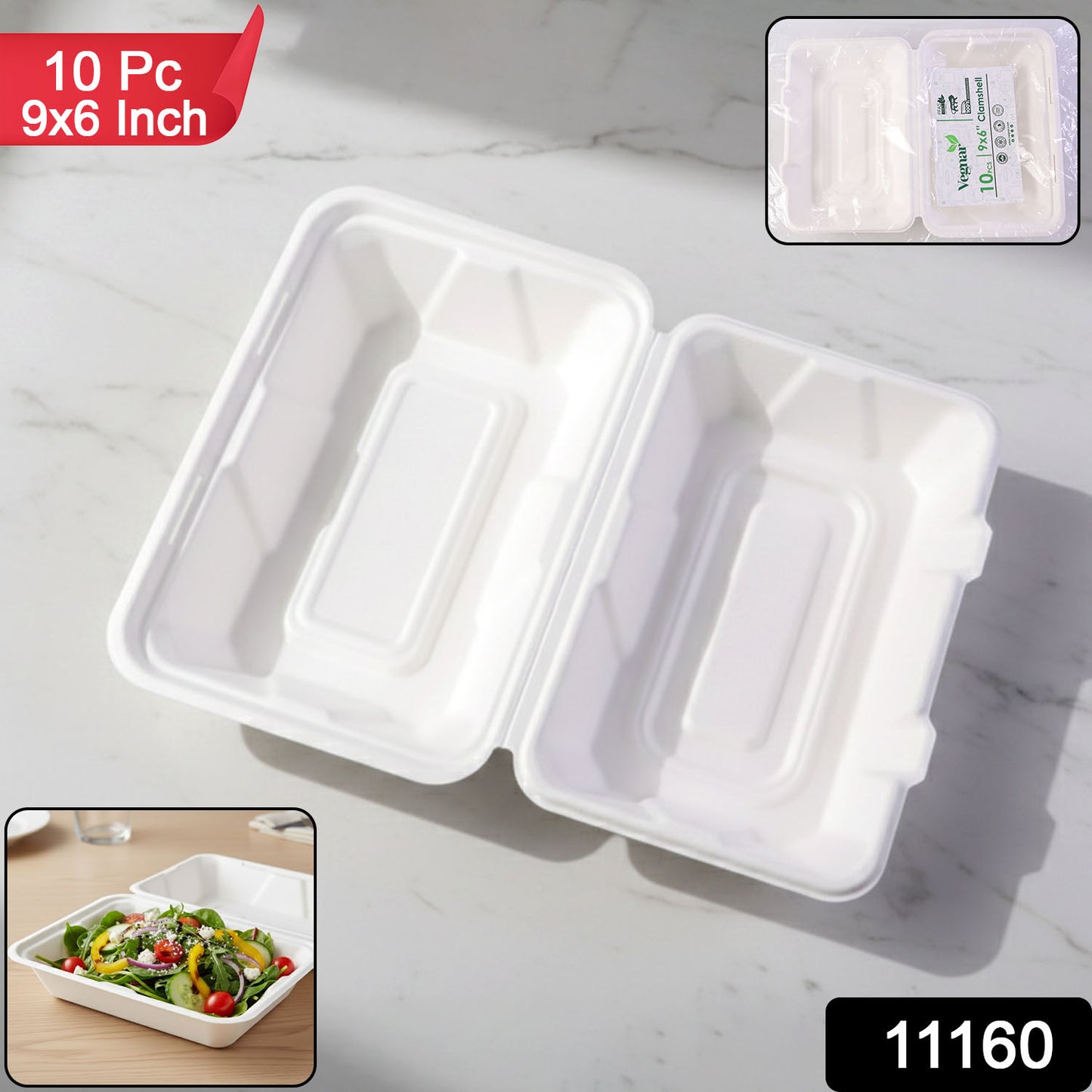 Wukusy Vegnar Premium Bagasse Clamshell Food Box, 10-pack, 9x6 inches, biodegradable takeaway containers with hinged lids.