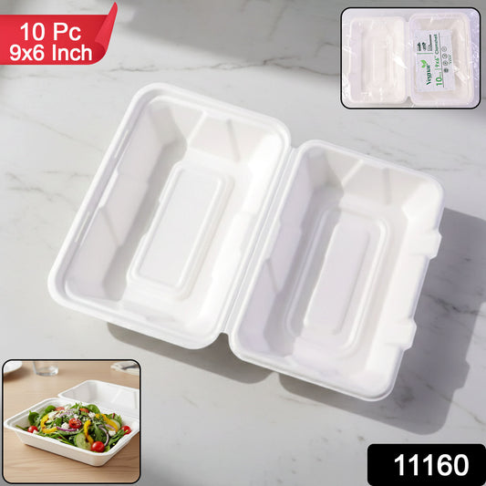 Wukusy Vegnar Premium Bagasse Clamshell Food Box, 10-pack, 9x6 inches, biodegradable takeaway containers with hinged lids.