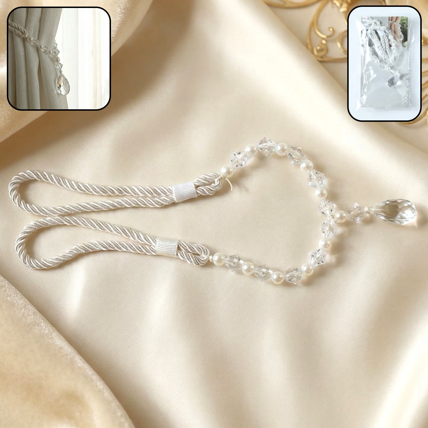 Elegant luxury crystal beaded curtain tieback by Wukusy with sparkling beads and intricate design for decorative window accents.