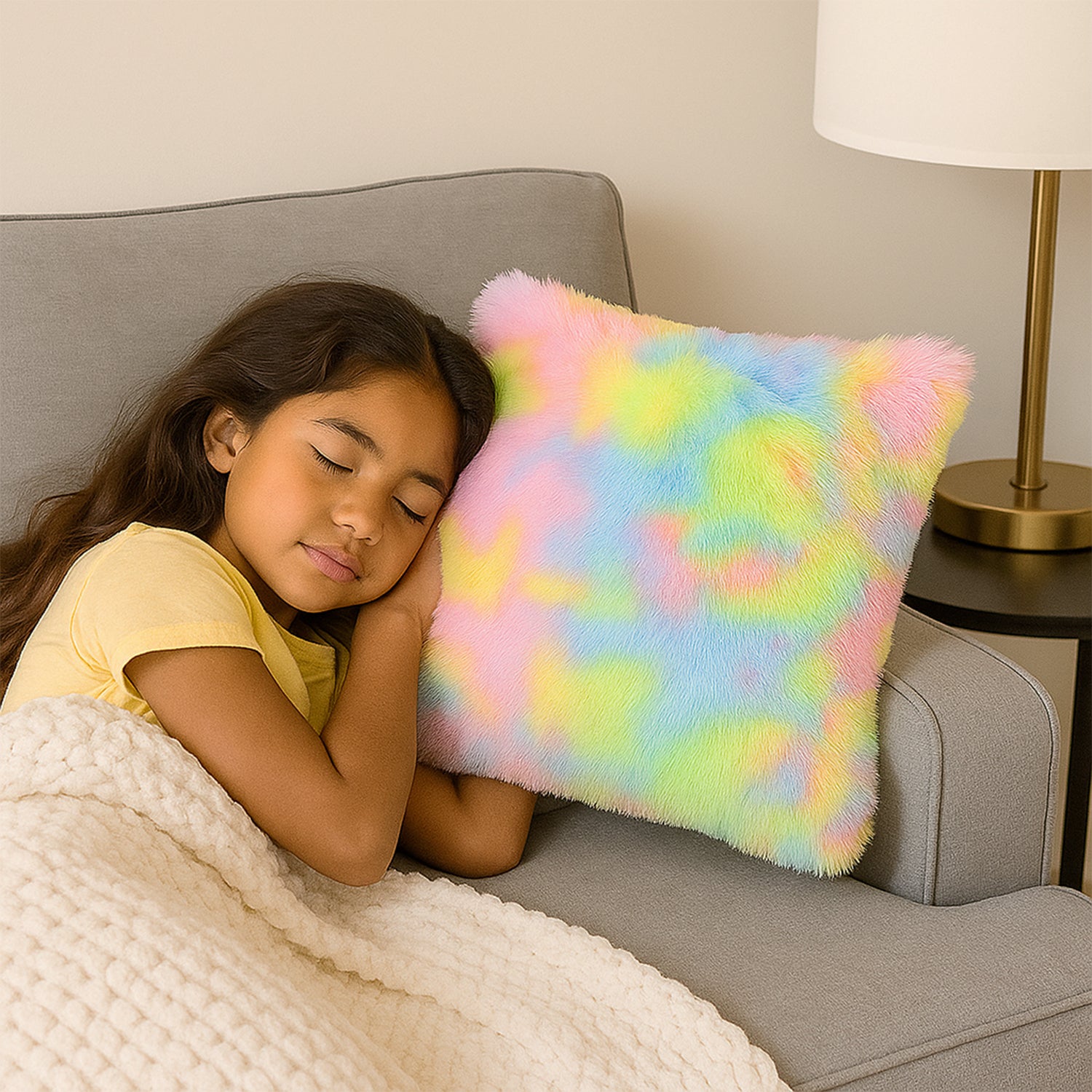 Soft plush multicolor rainbow cushion pillow by Wukusy, cozy home decor with vibrant rainbow design and plush fabric.
