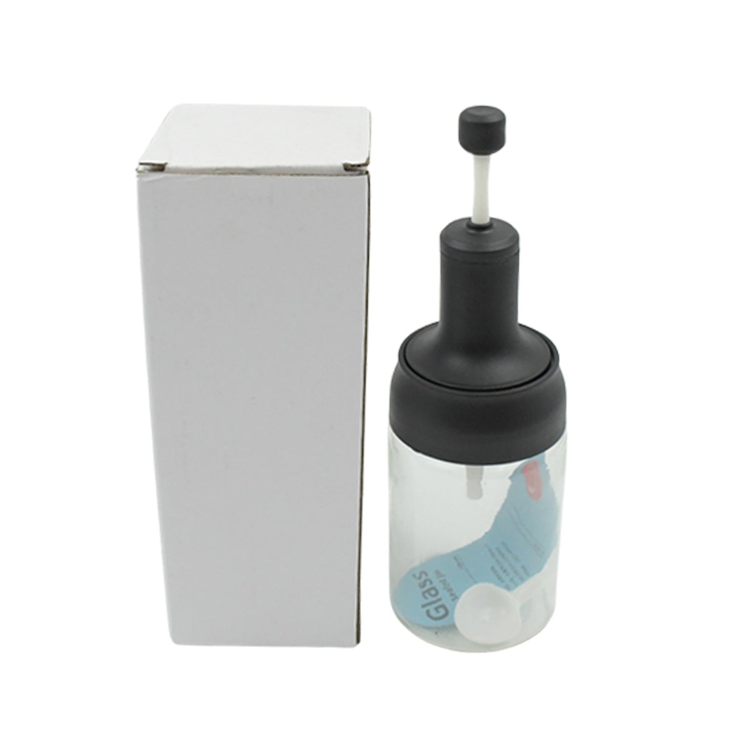Wukusy glass condiment container with airtight cap, serving spoon, for salt, spices, honey, sugar, and oils in a kitchen setting