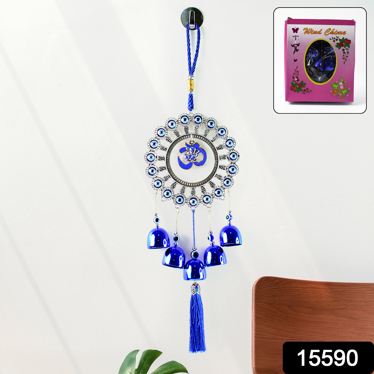 Decorative Om Evil Eye wind chime wall hanging by Wukusy with colorful glass beads and intricate metal design for spiritual decor.