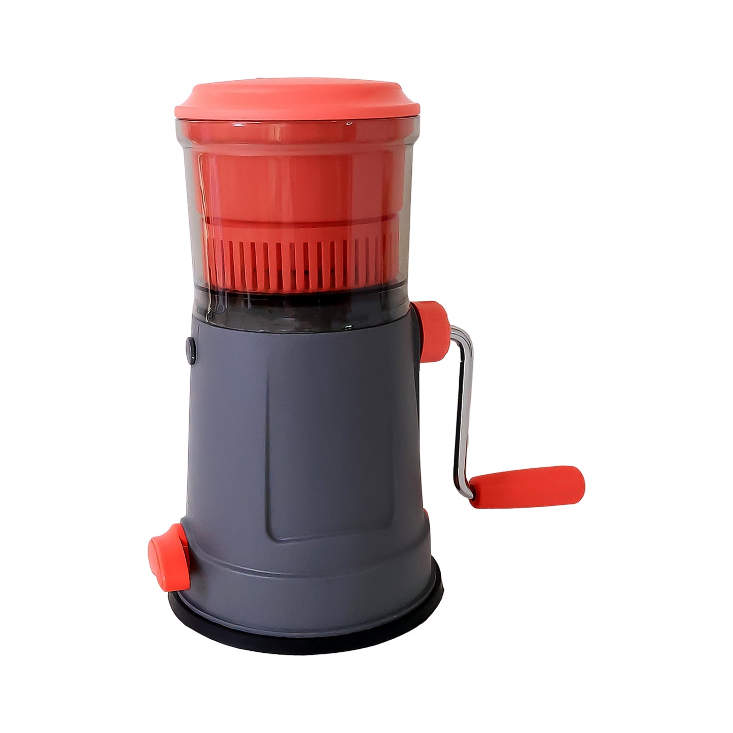 Wukusy Supermom Pulpy Fruit Juicer with long handle and silicone ring, shown in use on a kitchen countertop.