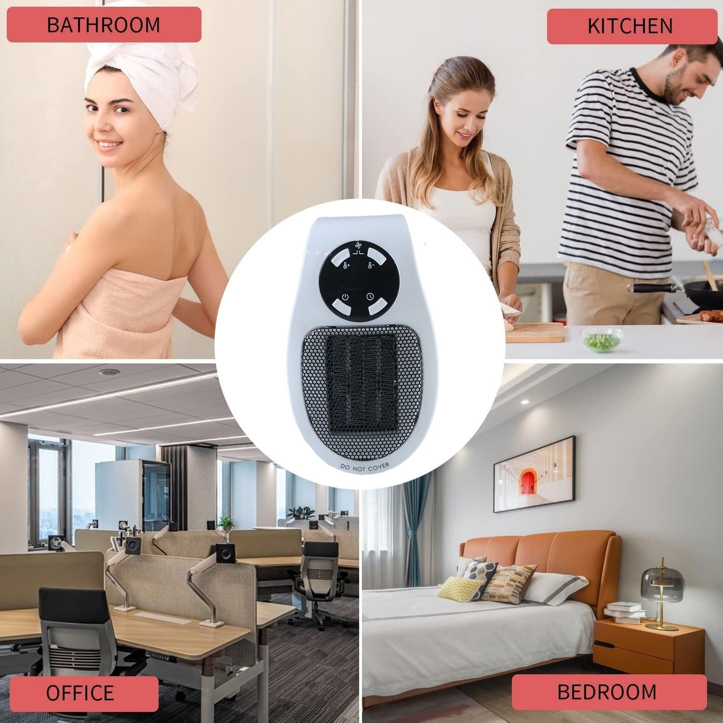 Wukusy 500W portable wall plug electric space heater, compact room heater with digital display and safety features.
