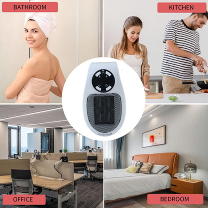 Wukusy 500W portable wall plug electric space heater, compact room heater with digital display and safety features.