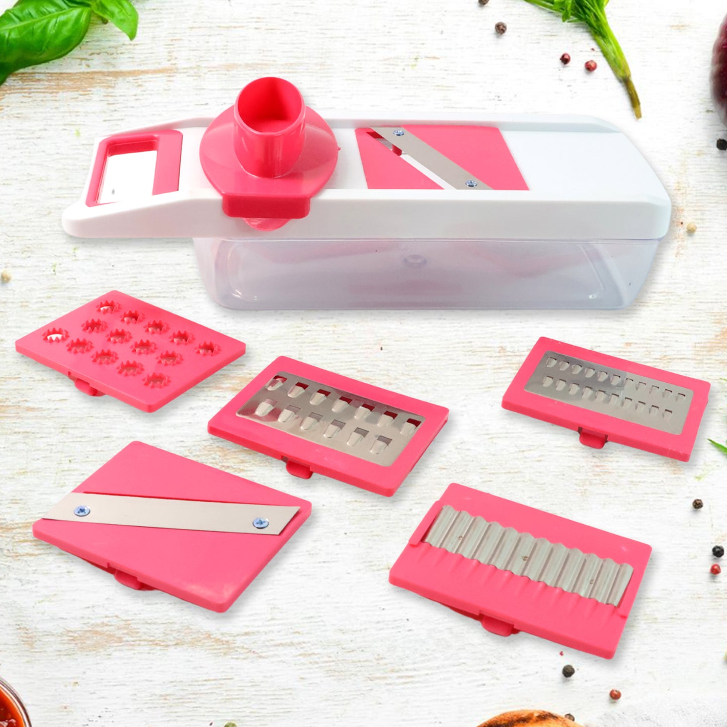 Wukusy 6-in-1 vegetable slicer, grater, and chopper set for versatile kitchen prep, featuring multiple blades and ergonomic handle.