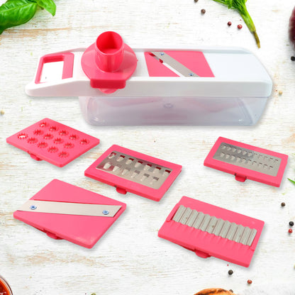 Wukusy 6-in-1 vegetable slicer, grater, and chopper set for versatile kitchen prep, featuring multiple blades and ergonomic handle.
