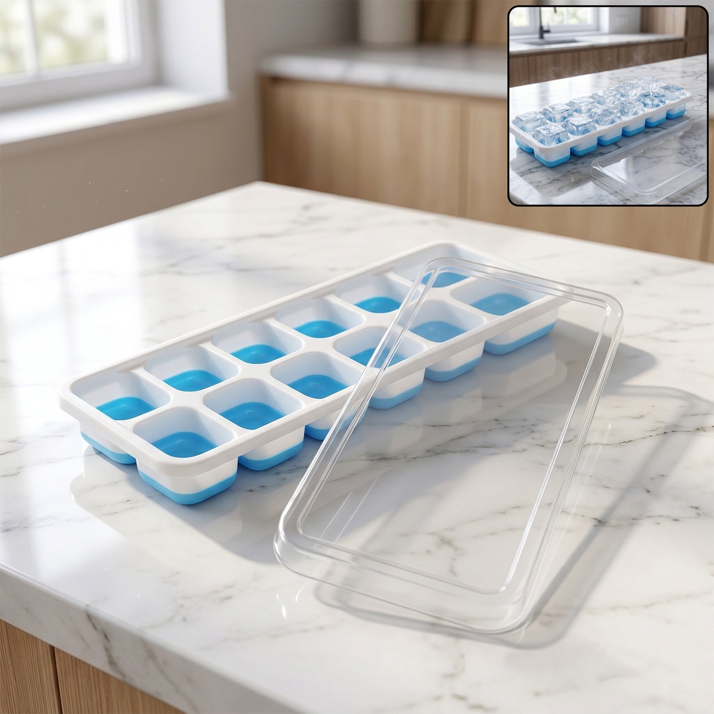 Blue Wukusy plastic ice cube tray with lid featuring 14 grids, perfect for making multiple ice cubes easily.
