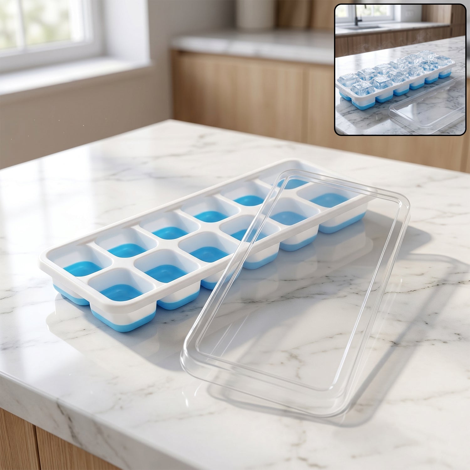 Blue Wukusy plastic ice cube tray with lid featuring 14 grids, perfect for making multiple ice cubes easily.