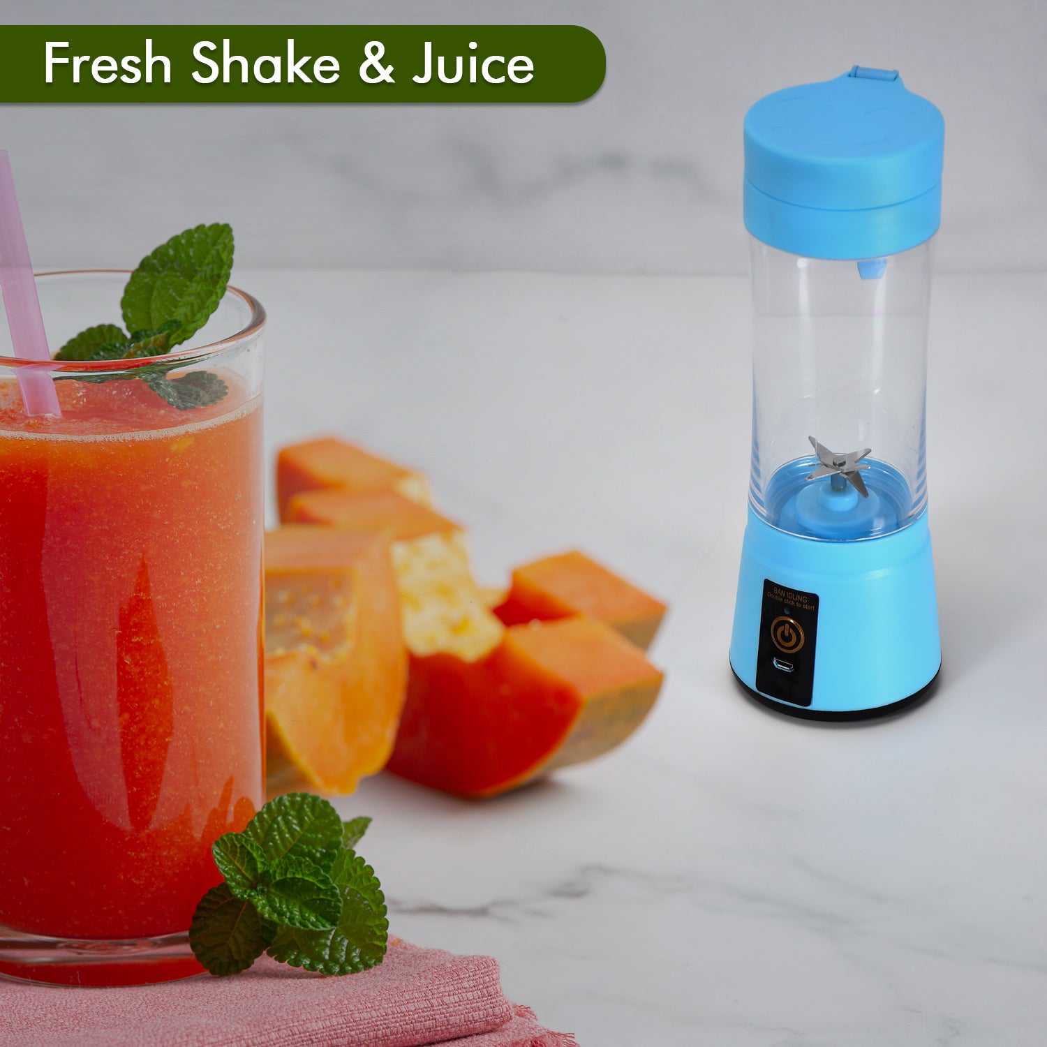 Wukusy portable 6-blade USB rechargeable juice maker with blender and mixer for extracting fresh vegetable and fruit juice.